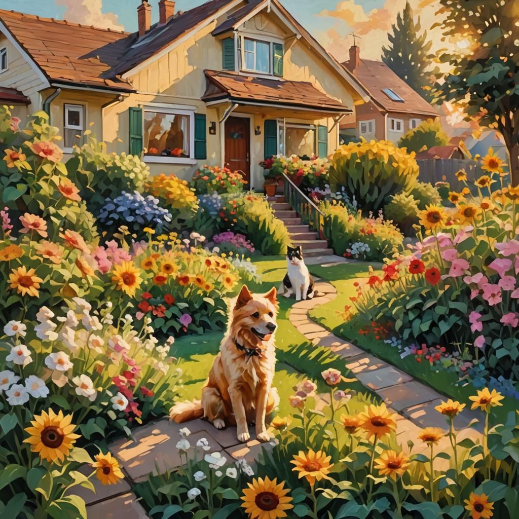 Impressionist Villa Garden with Pets in Golden Light