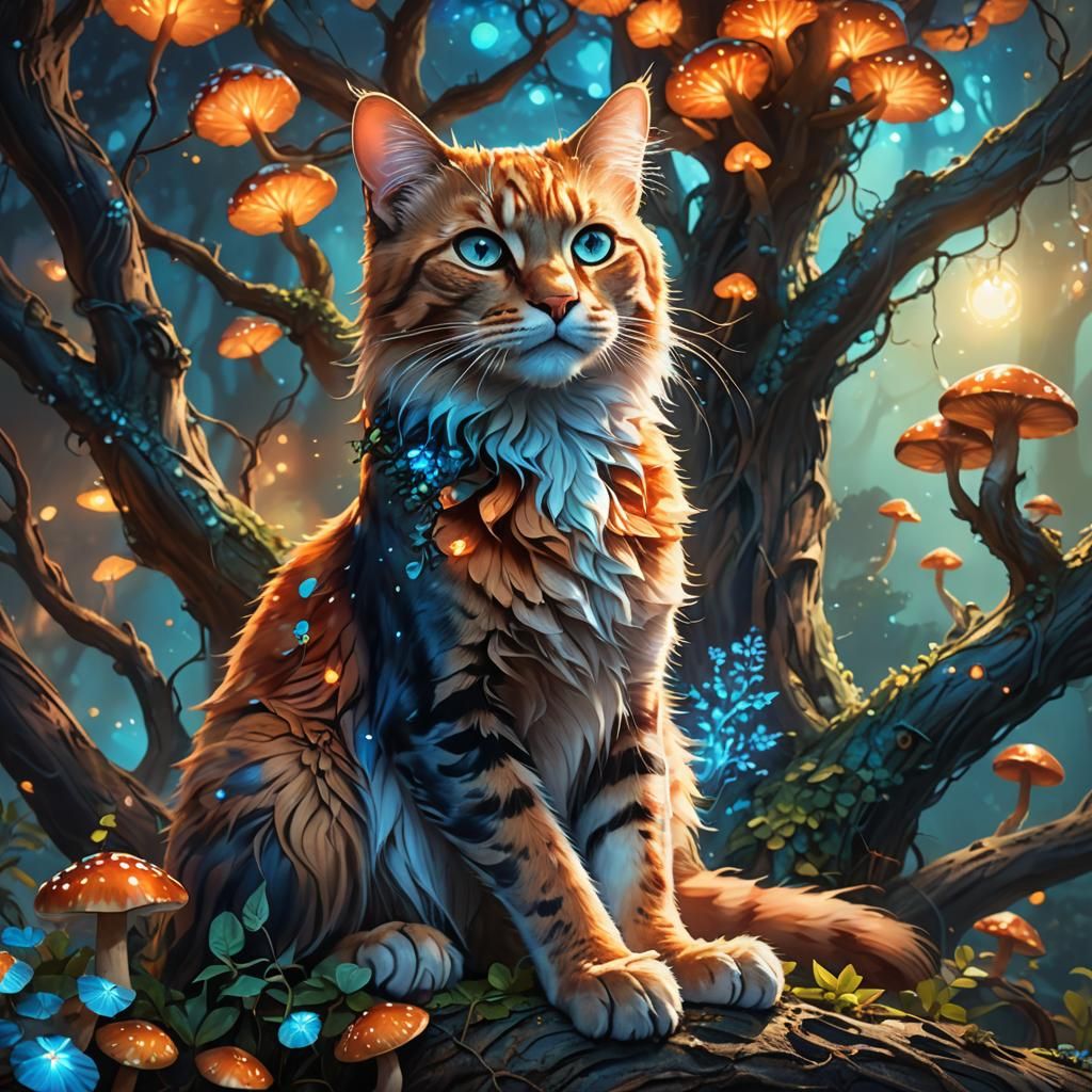 Regal Cat in Mystical Forest, Digital Art