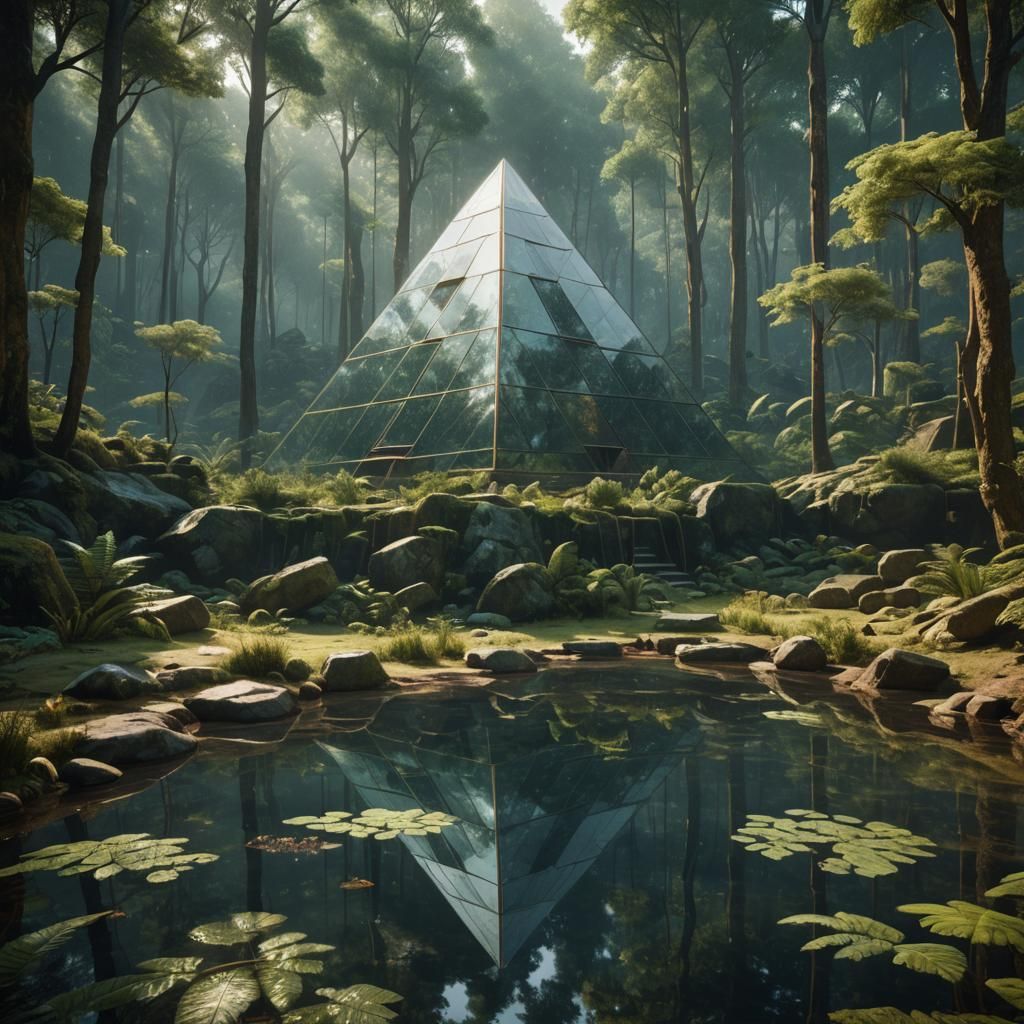 Postmodern Glass Pyramid in Forest: Detailed Matte Painting