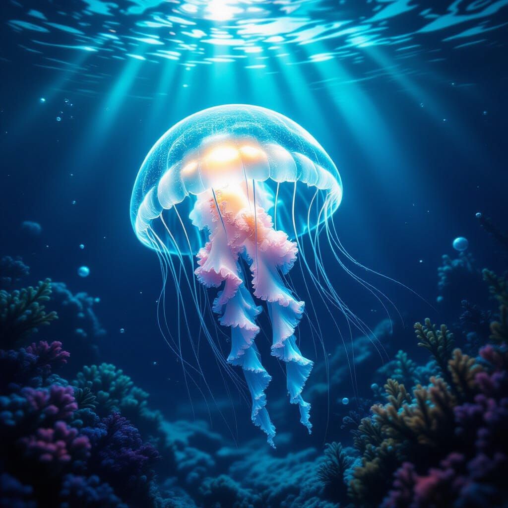 Bioluminescent Jellyfish in Alien Ocean Depths