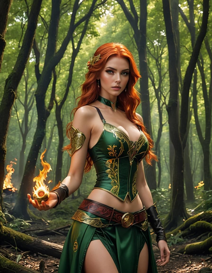 Yet Another Female with Flame Red-hair and Deep Green eyes as a Fire Mage wearing Ornately embroidered Outfit
