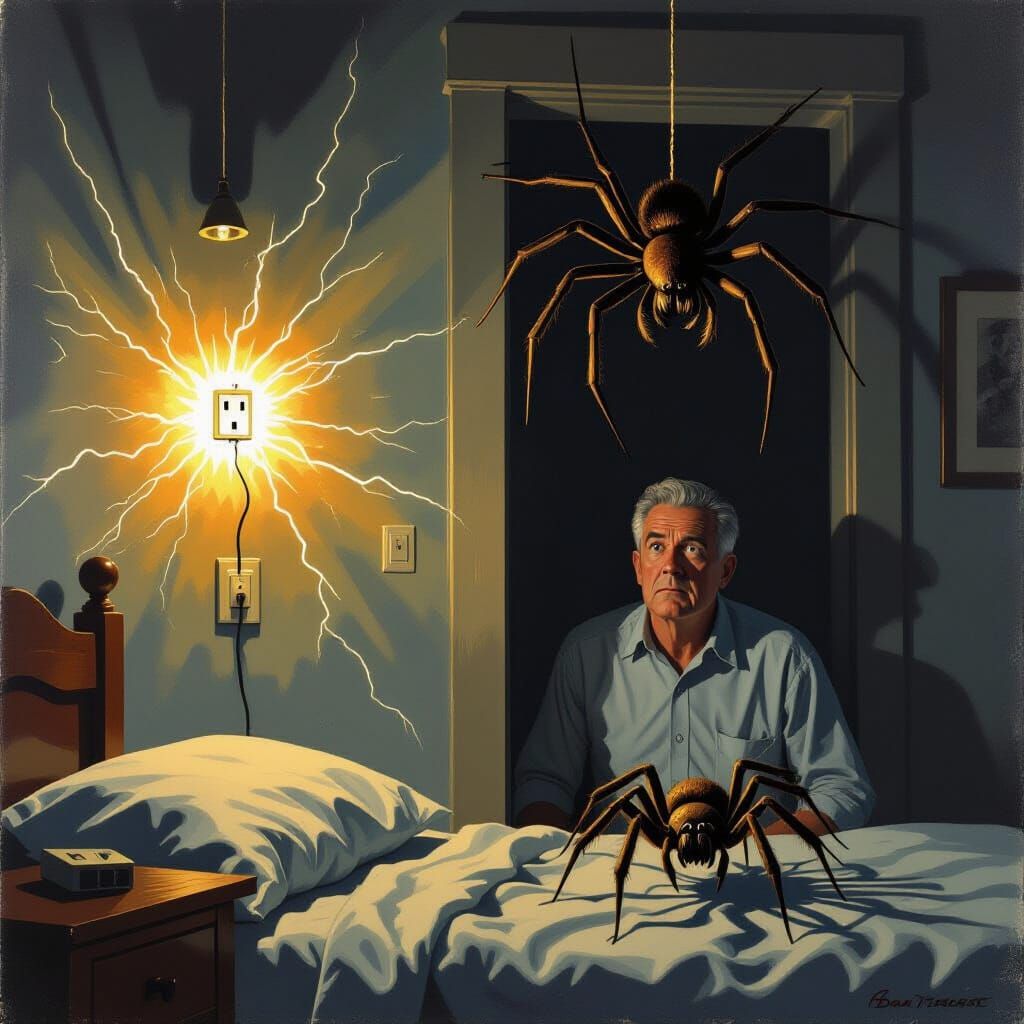 Tense Bedroom Scene: Electrical Fire and Spider Threat