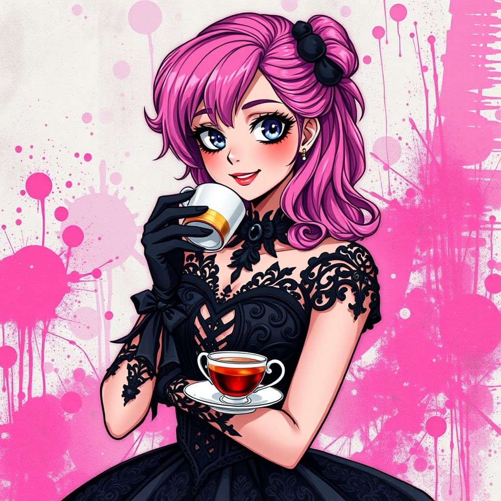 Woman in Gothic Gown Drinking Tea, Anime Style