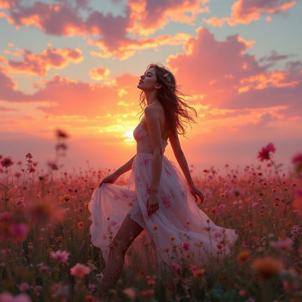 Girl in Meadow at Sunset: Hyperdetailed Portrait