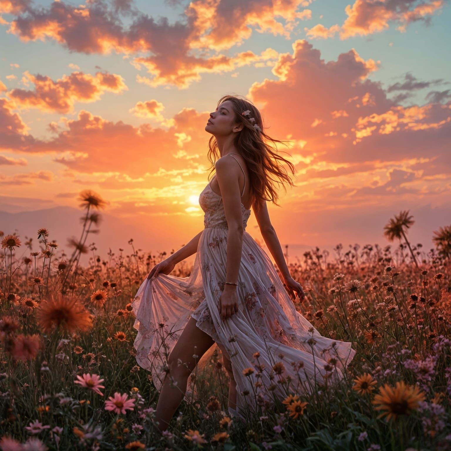 Girl in Meadow at Sunset, Hyperdetailed Portrait