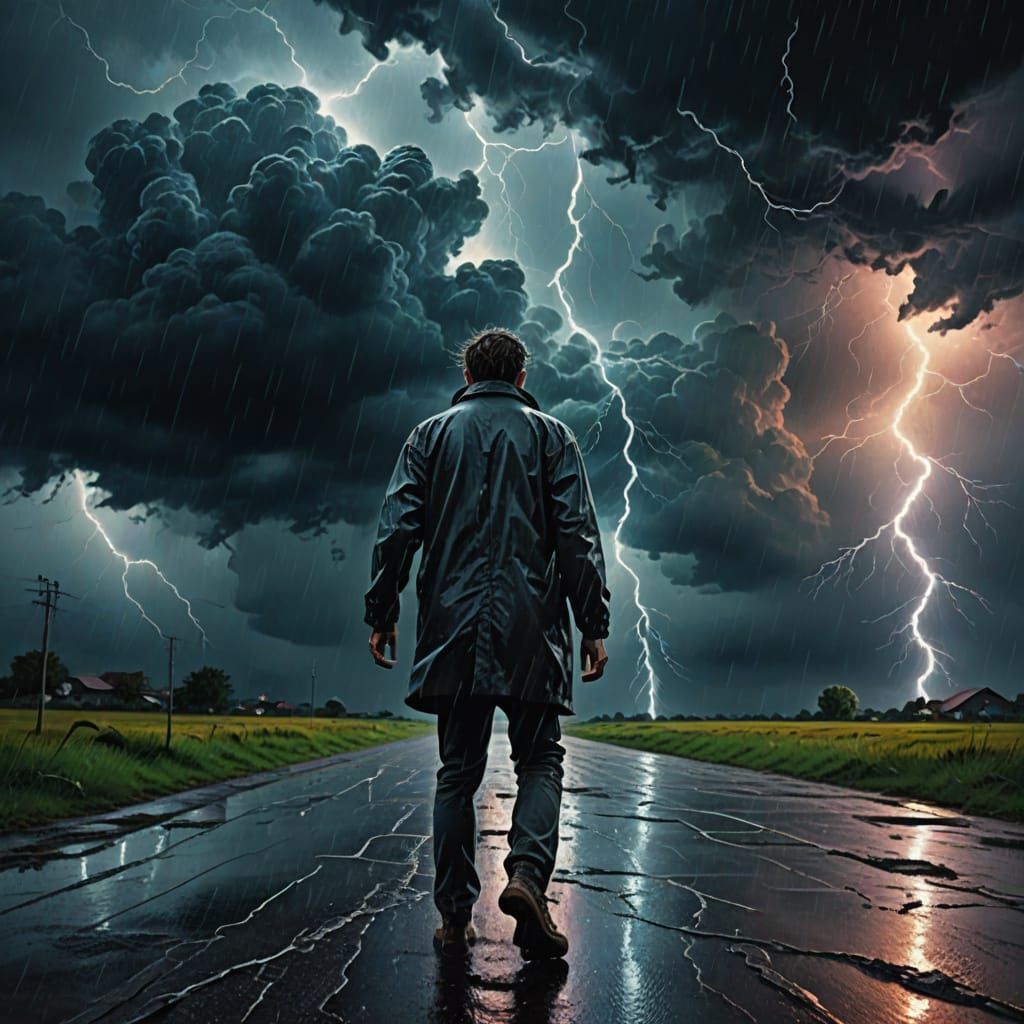 Surreal Person Walks in Vibrant Storm