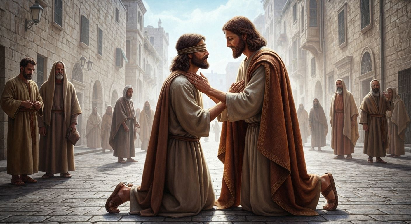 Jesus Heals Blind Man in Jerusalem Streets