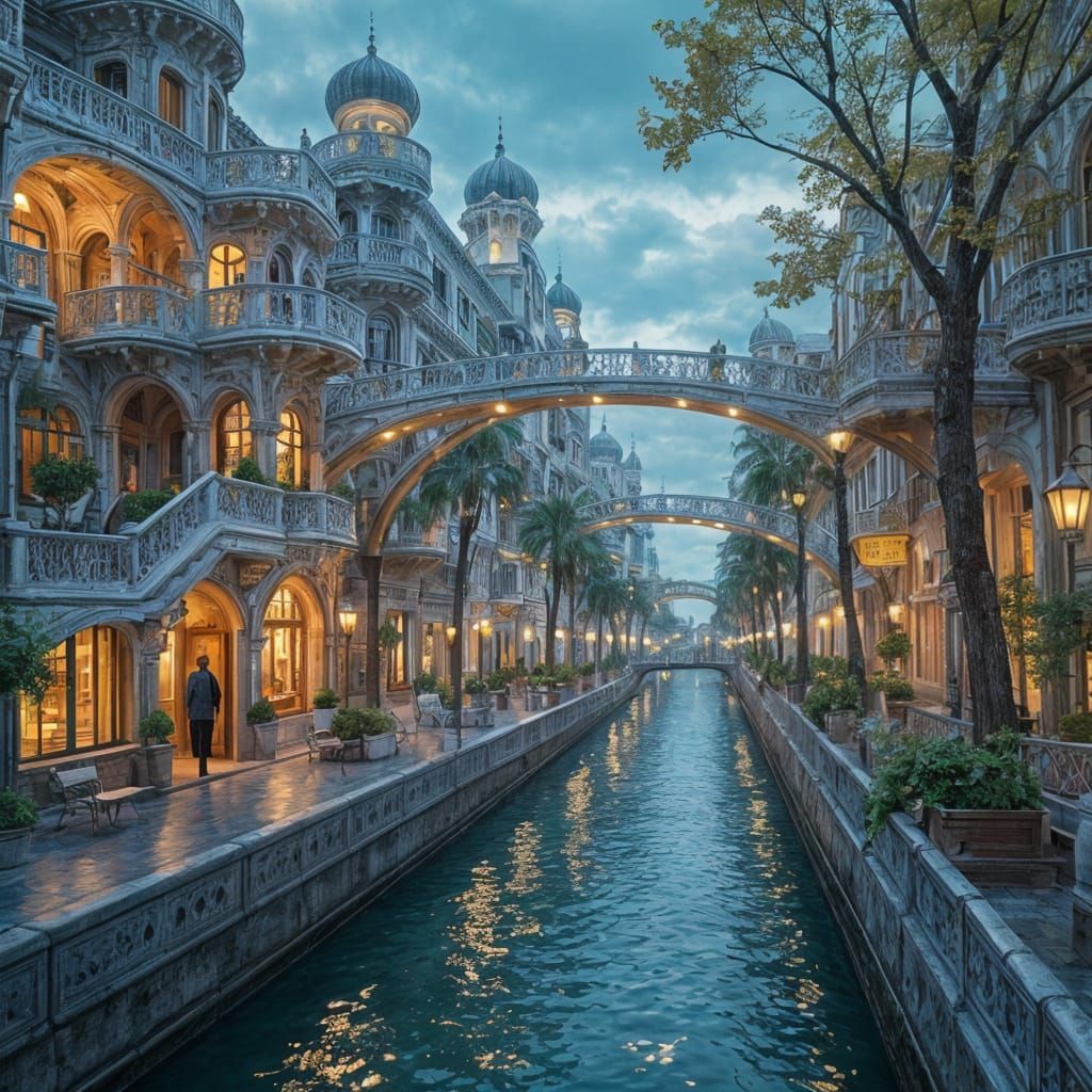 Fantasy City with Canals in Art Nouveau Style
