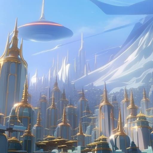 Angelic Sculpture in Futuristic Anime Cityscape