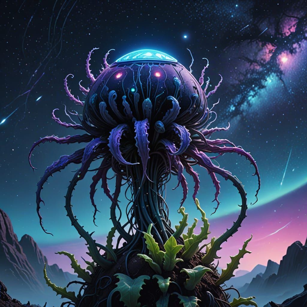 Glowing Alien Plant in Space, Sci-Fi Art