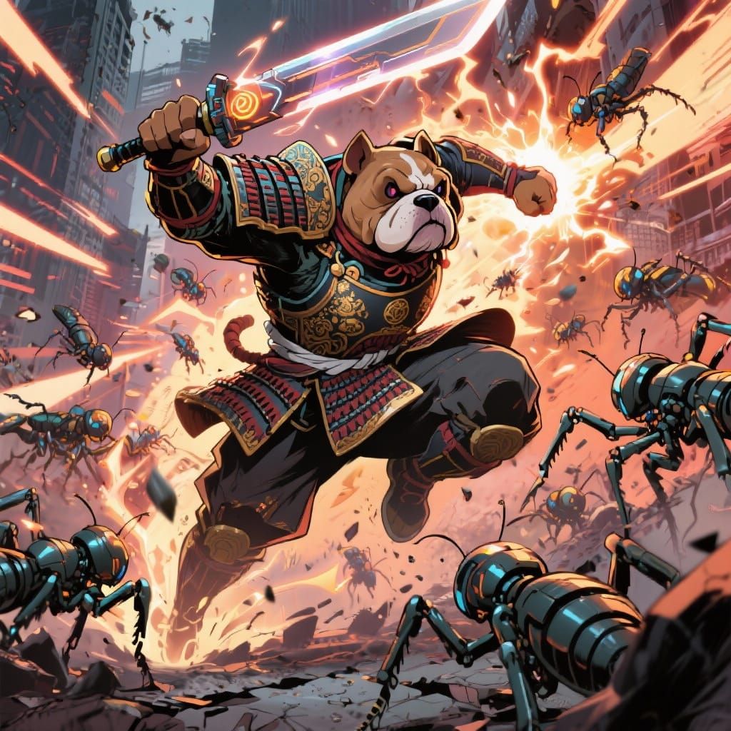 Bulldog Samurai Warrior in Anime Action Style