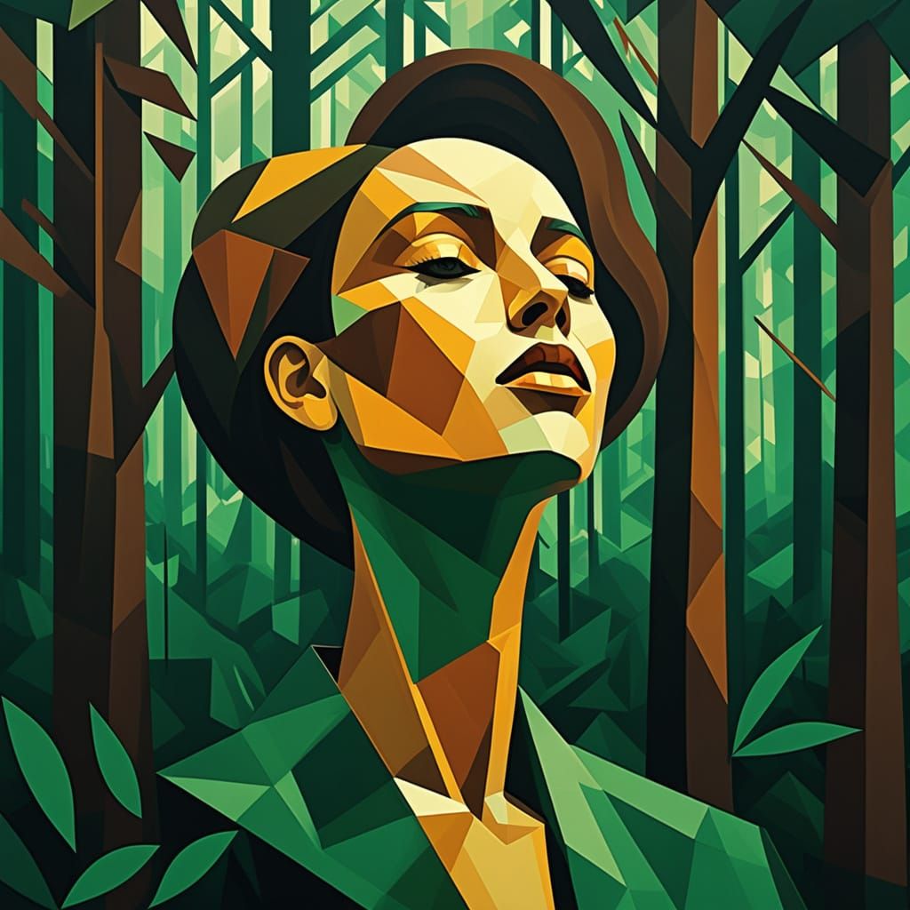 Cubist Painting of a Woman Singing in a Forest