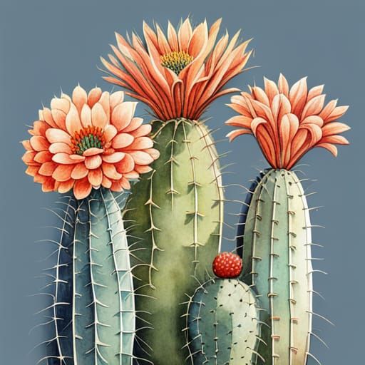 Vintage Botanical Cactus Flower Watercolor Illustration