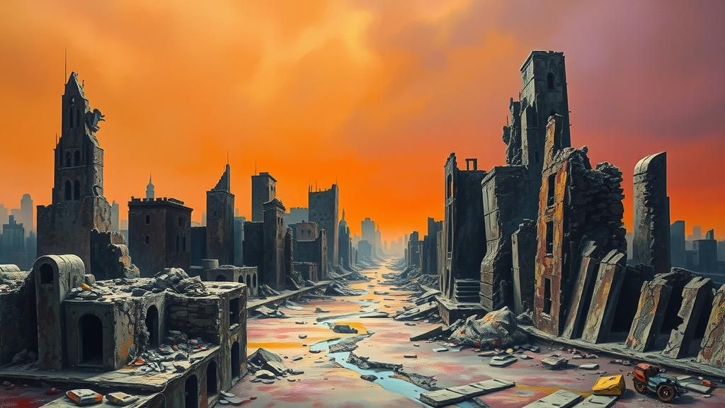 Surreal War-Torn Cityscape in Apocalyptic Colors