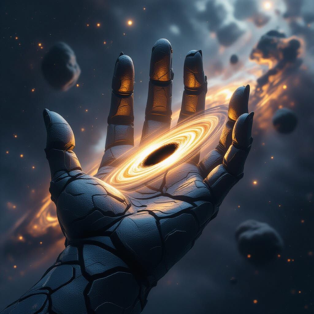 Cosmic Entity Hand Holding a Black Hole