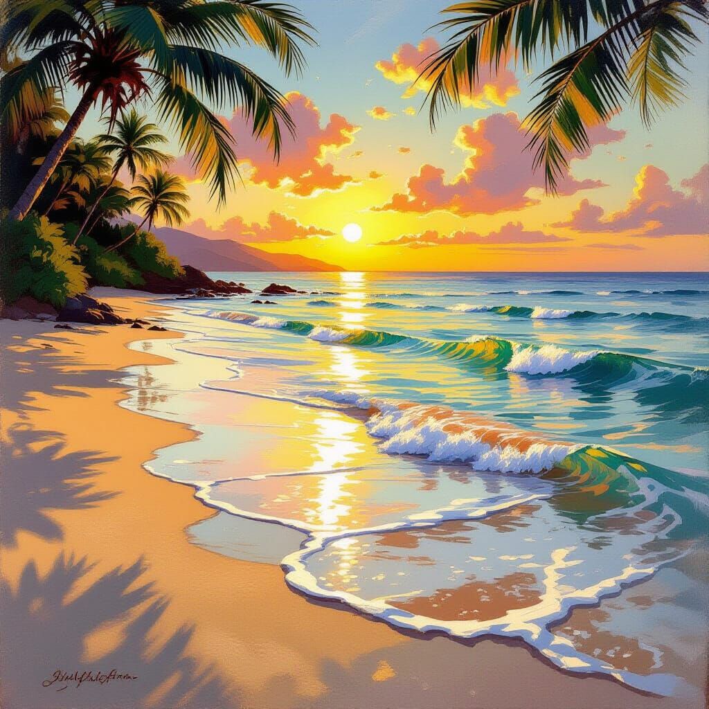 Serene Beach Sunset Panorama in Impressionist Style