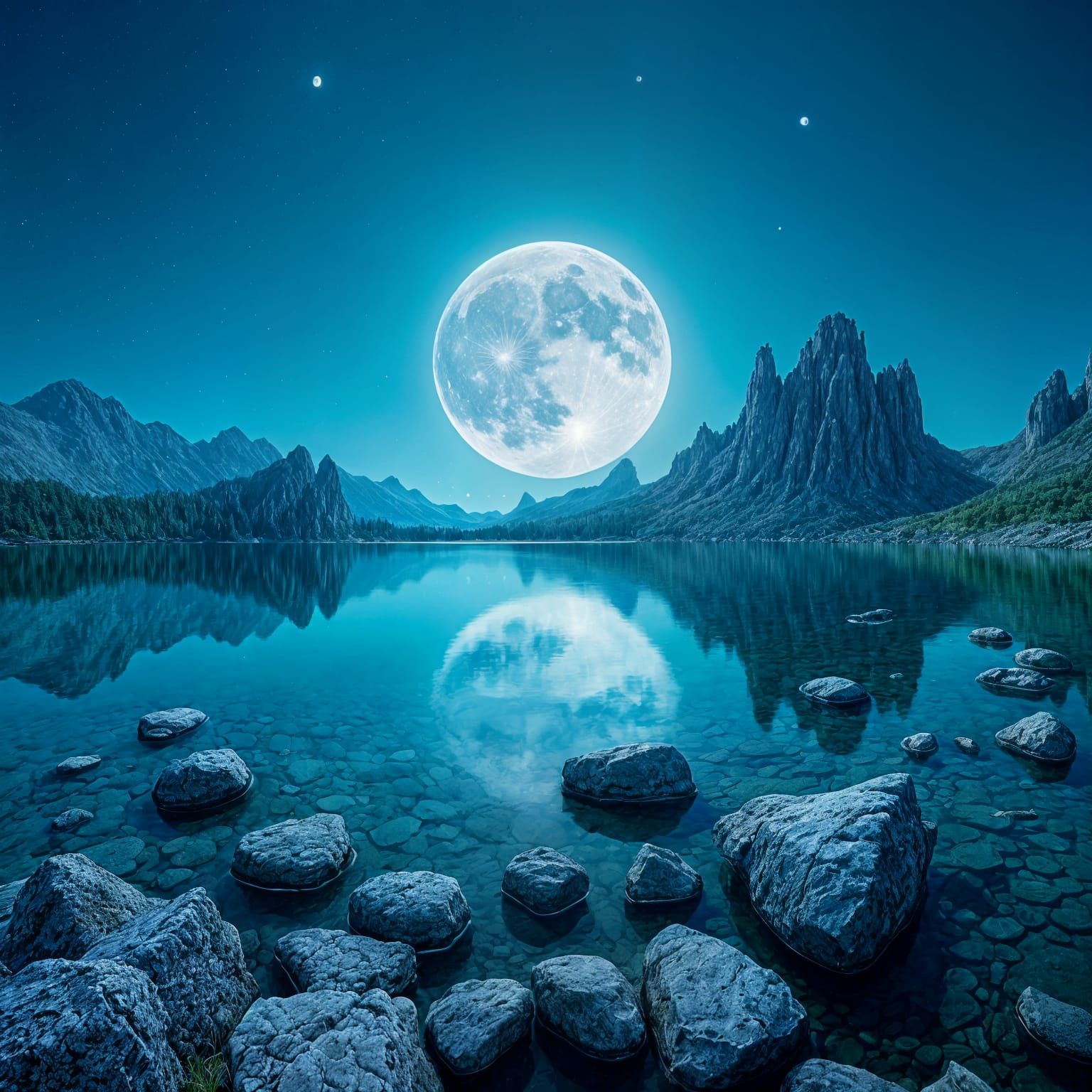 Blue Moonscape Reflection on Serene Earth Lake