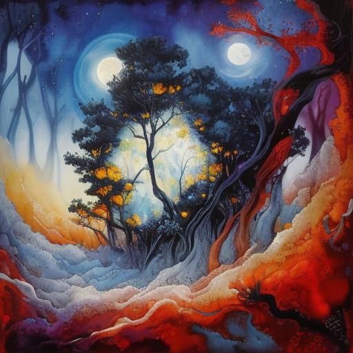 Moonlit Arabesque Forest in Alcohol Ink Style