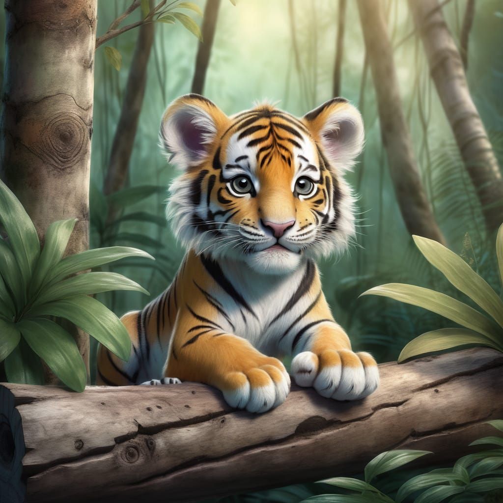 Whimsical Tiger Cub in Enchanted Jungle Scene