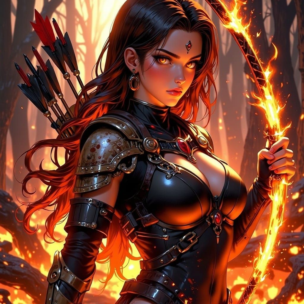 Fiery Archer in Charred Battlefield, Anime Style