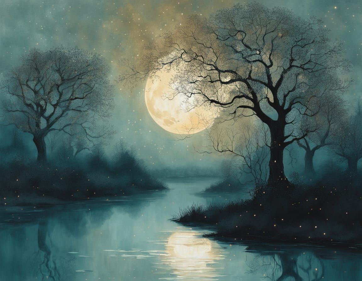 Ethereal Celestial Nightscape With River and Moon