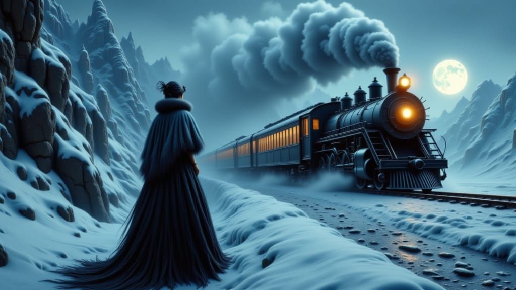 Manga Gothica Woman Views Steampunk Train in Icy Mountains