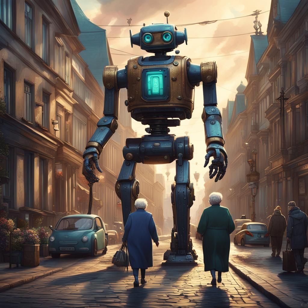 Robot Helps Elderly Woman in Berlin: Detailed Matte Painting