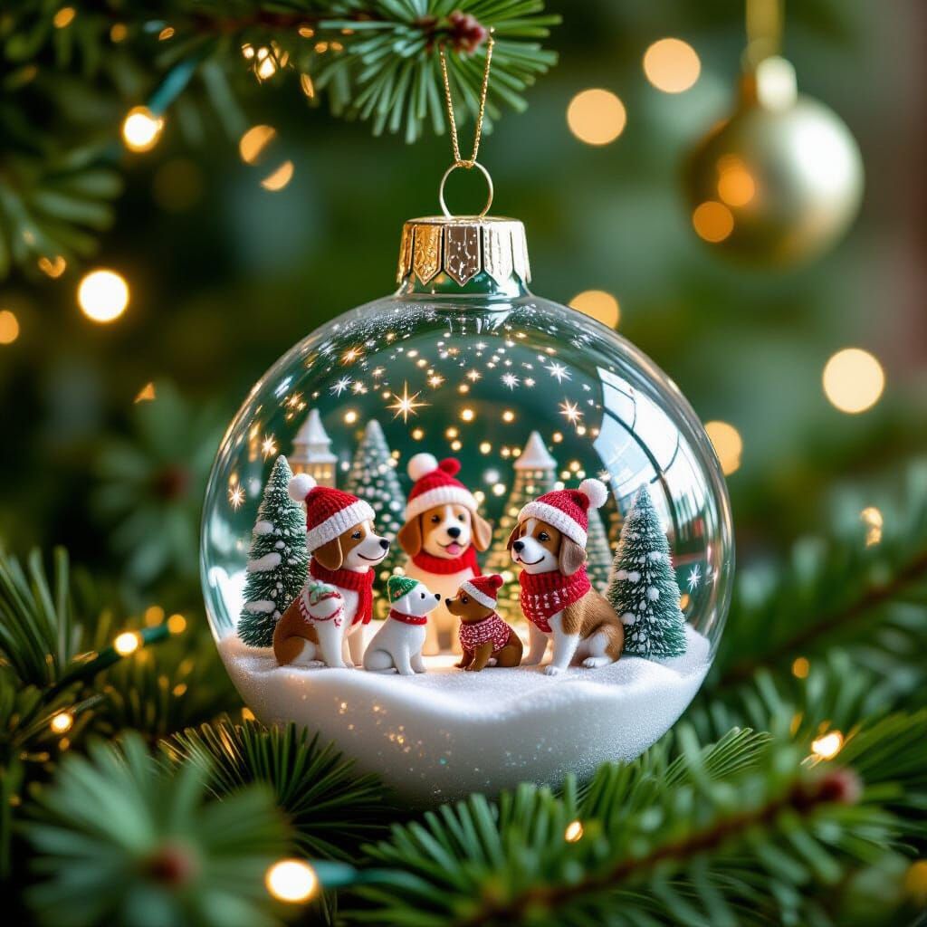 Hyperrealistic Christmas Ornament with Dog Village Scene