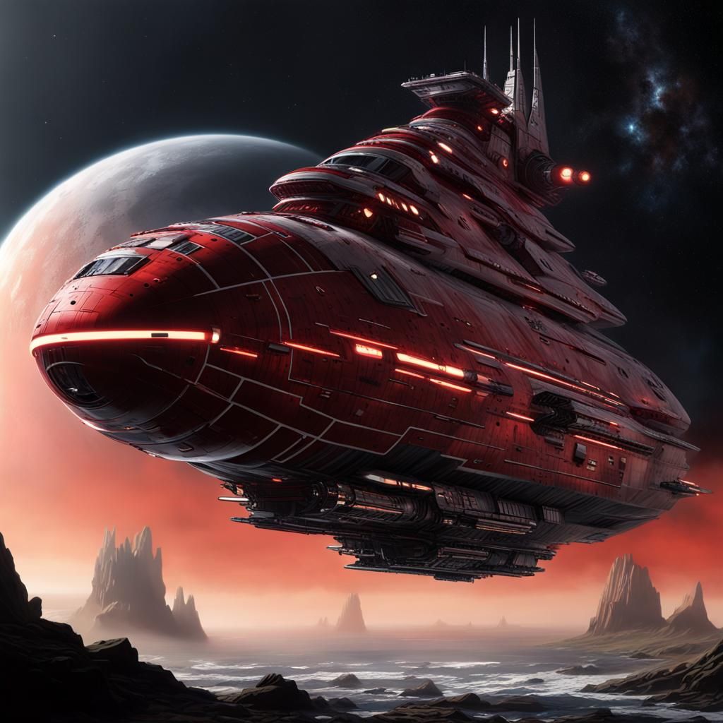 Obsidian Red Starship Cruiser in Chris Foss Style