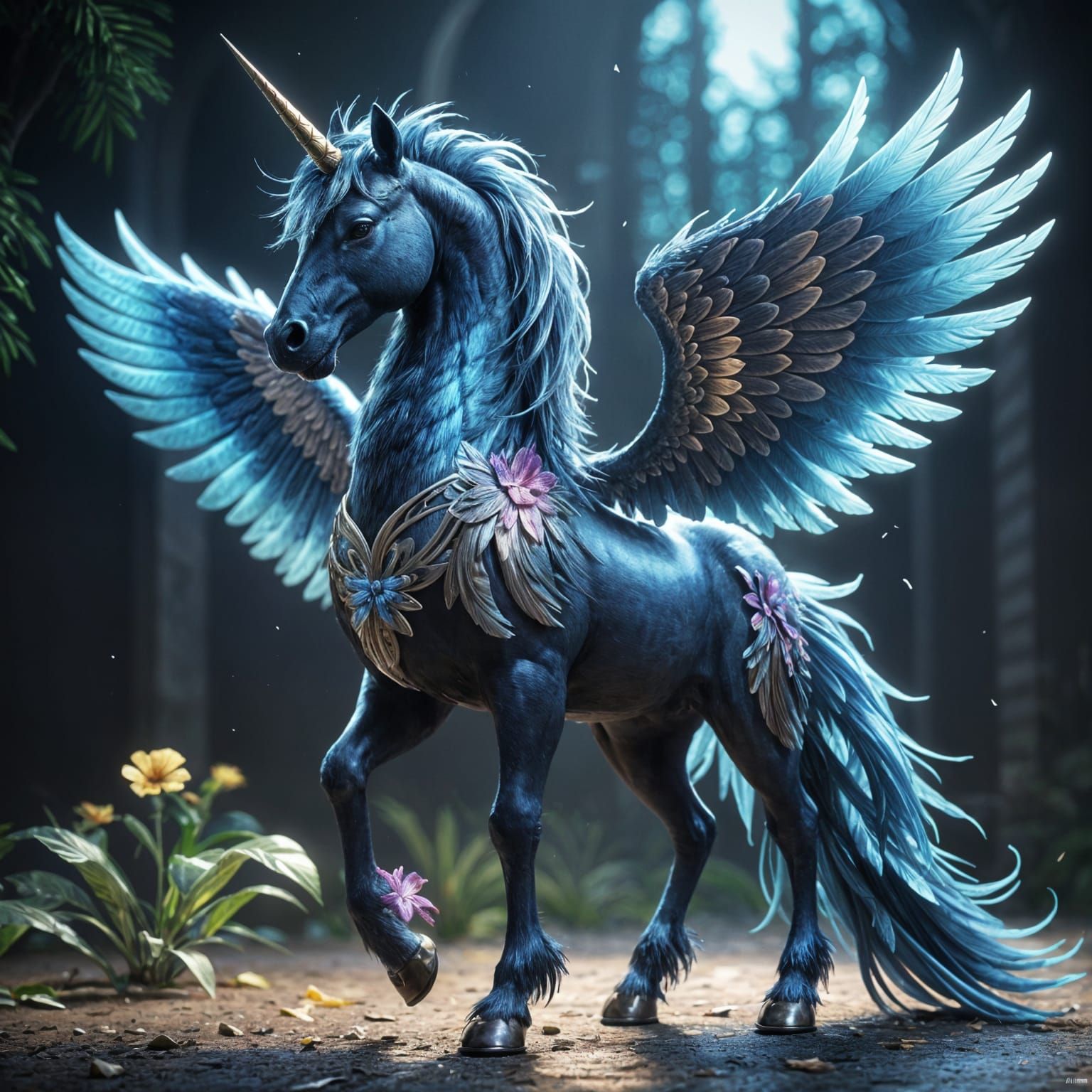 Ethereal Blue Unicorn in Dark Fantasy Realm