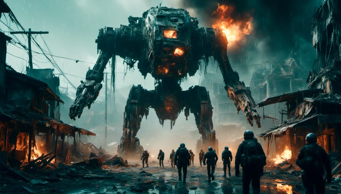 Damaged Battle-Mech Emerges from Burning Alien Town