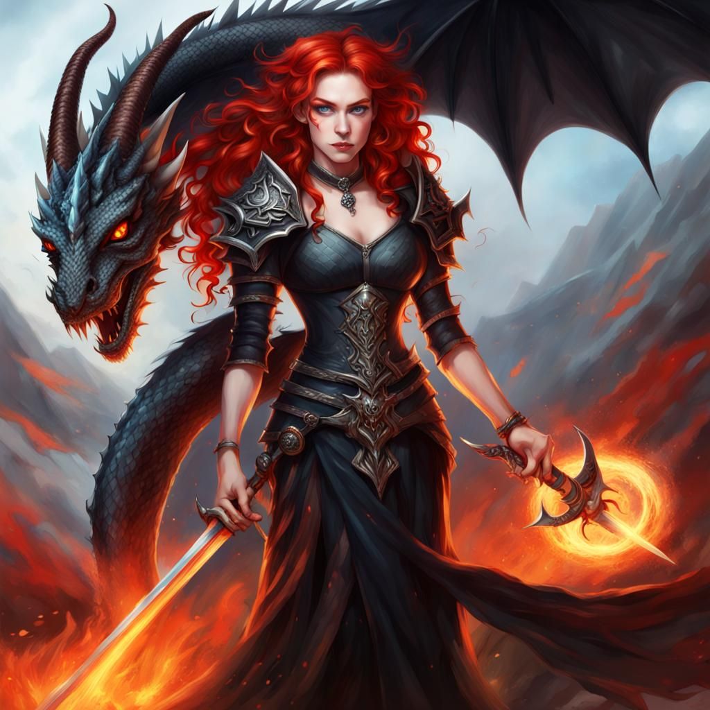 Dragon Queen with Flaming Sword and Black Wings