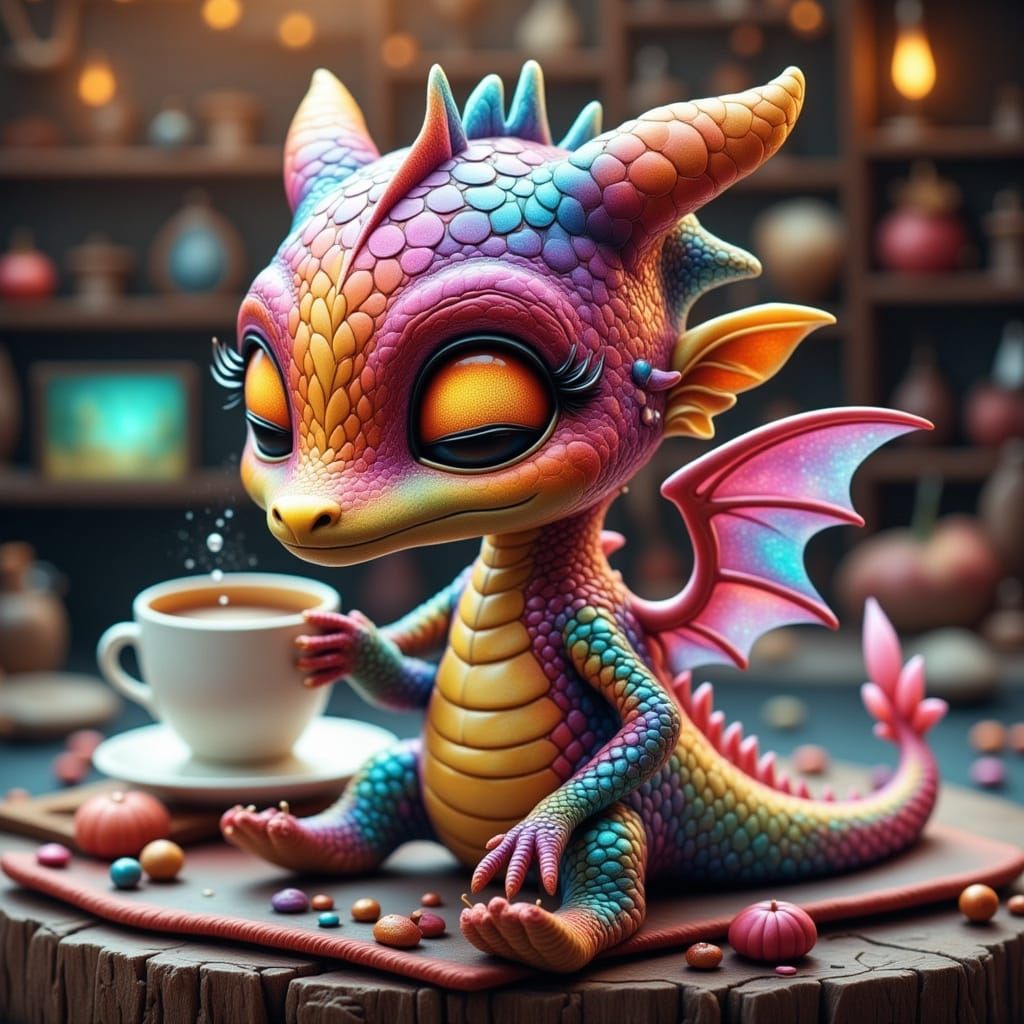 Kawaii Dragon with Rainbow Scales and Coffee