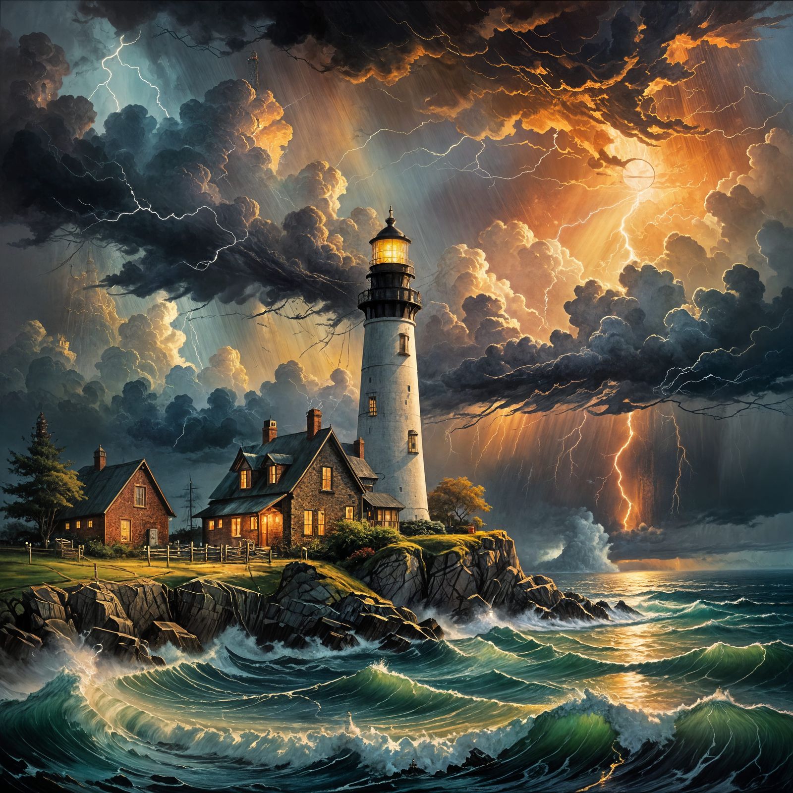 Stormy Lighthouse in Whimsical Ink