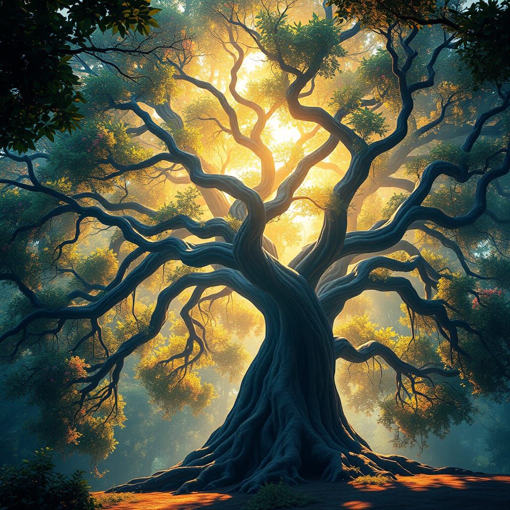 Majestic Tree Cathedral in Vibrant, Iridescent Hues