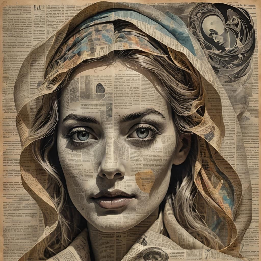 Surreal Veiled Woman in Vintage Newspaper Art