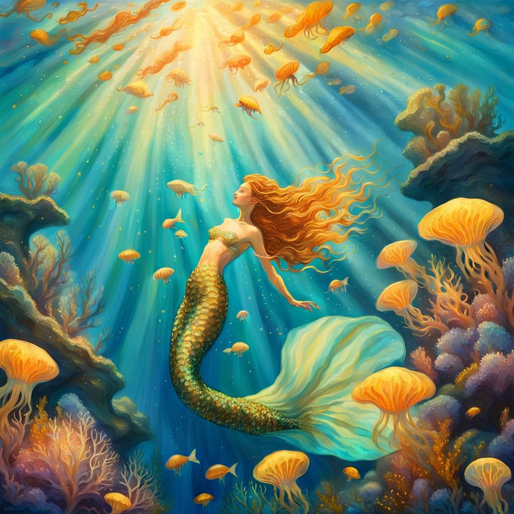 Underwater Mermaid in Impressionist Klimt Style