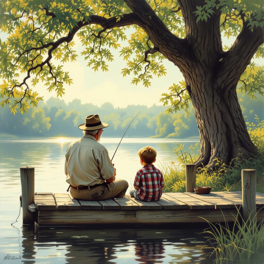 Vintage Postcard Scene: Man and Boy Fishing by Lake