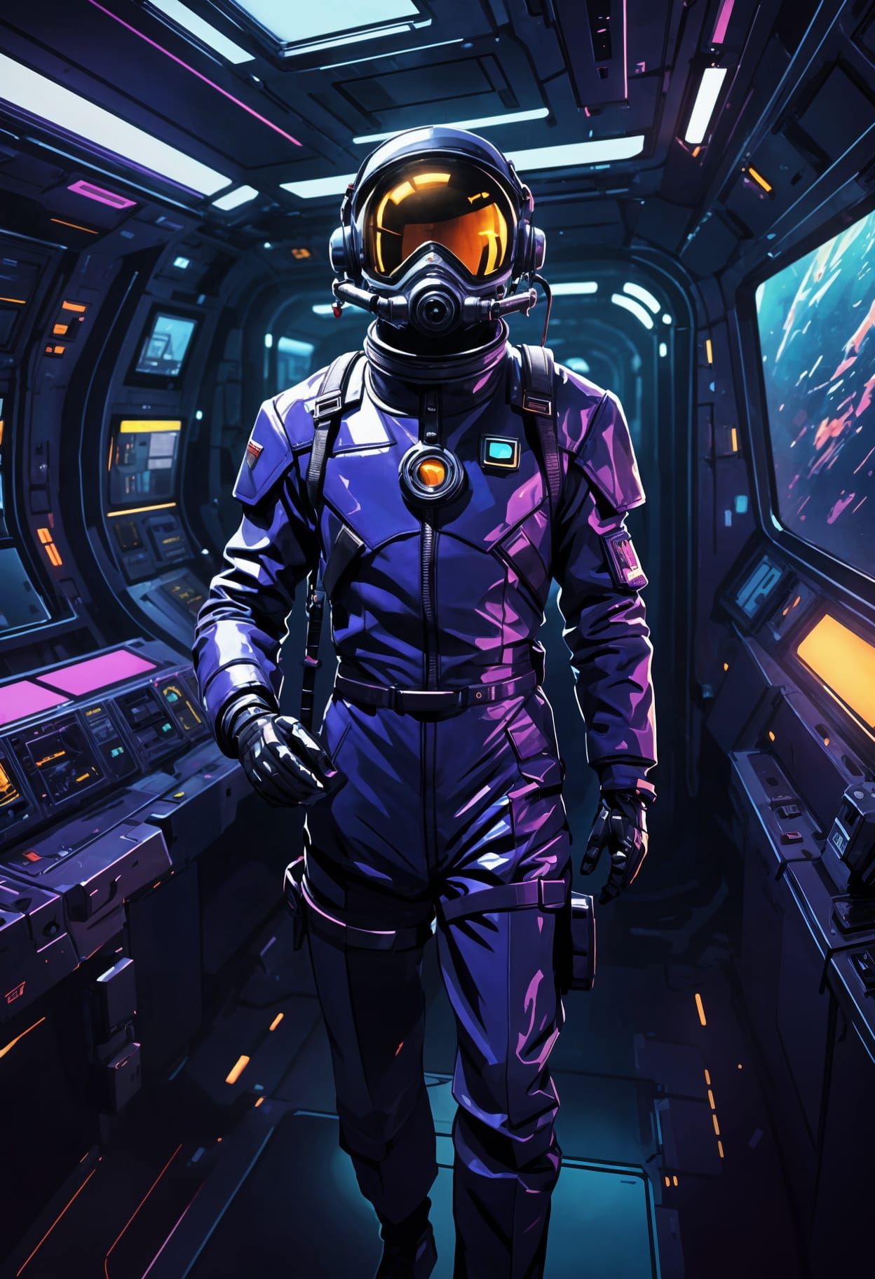 Atompunk Pilot in Retro-Futuristic Space Station