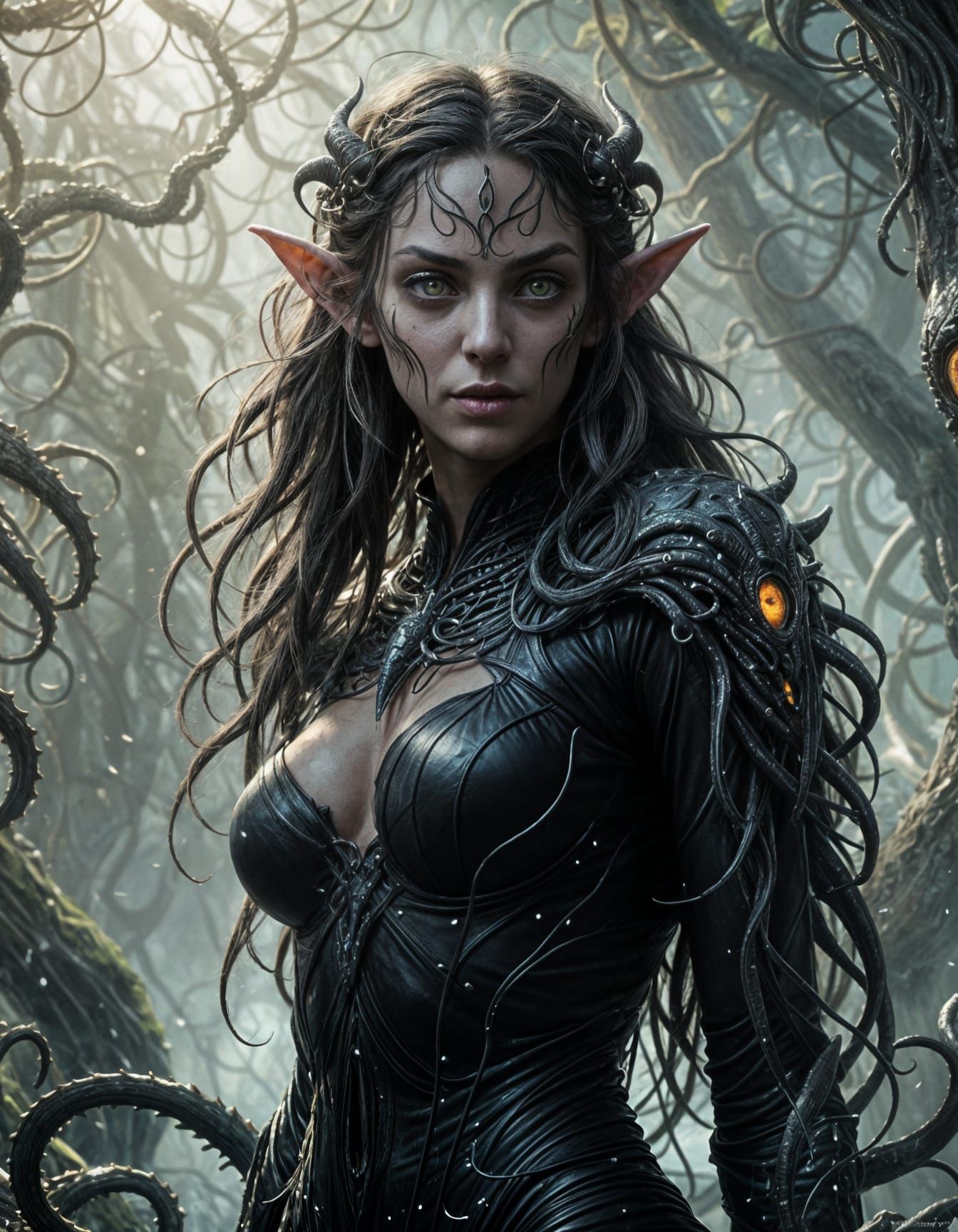 Eldritch Elf Creature with Alien Eyes, Dark Fantasy Art