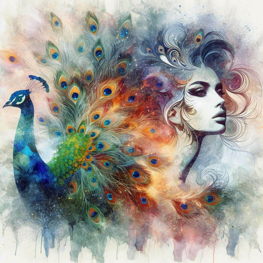 Watercolor Peacock and Face Double Exposure