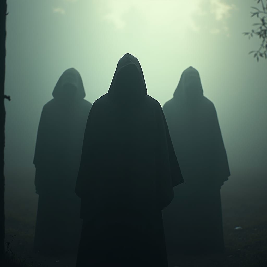 Muted Figures in Mist: A Cinematic Film Still