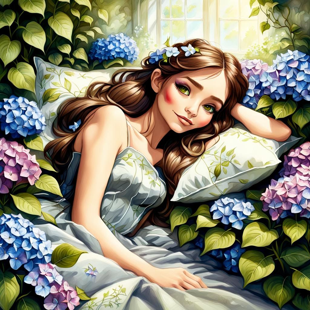 Dreamy Fairy Girl in Floral Room: Cartoon Sketch