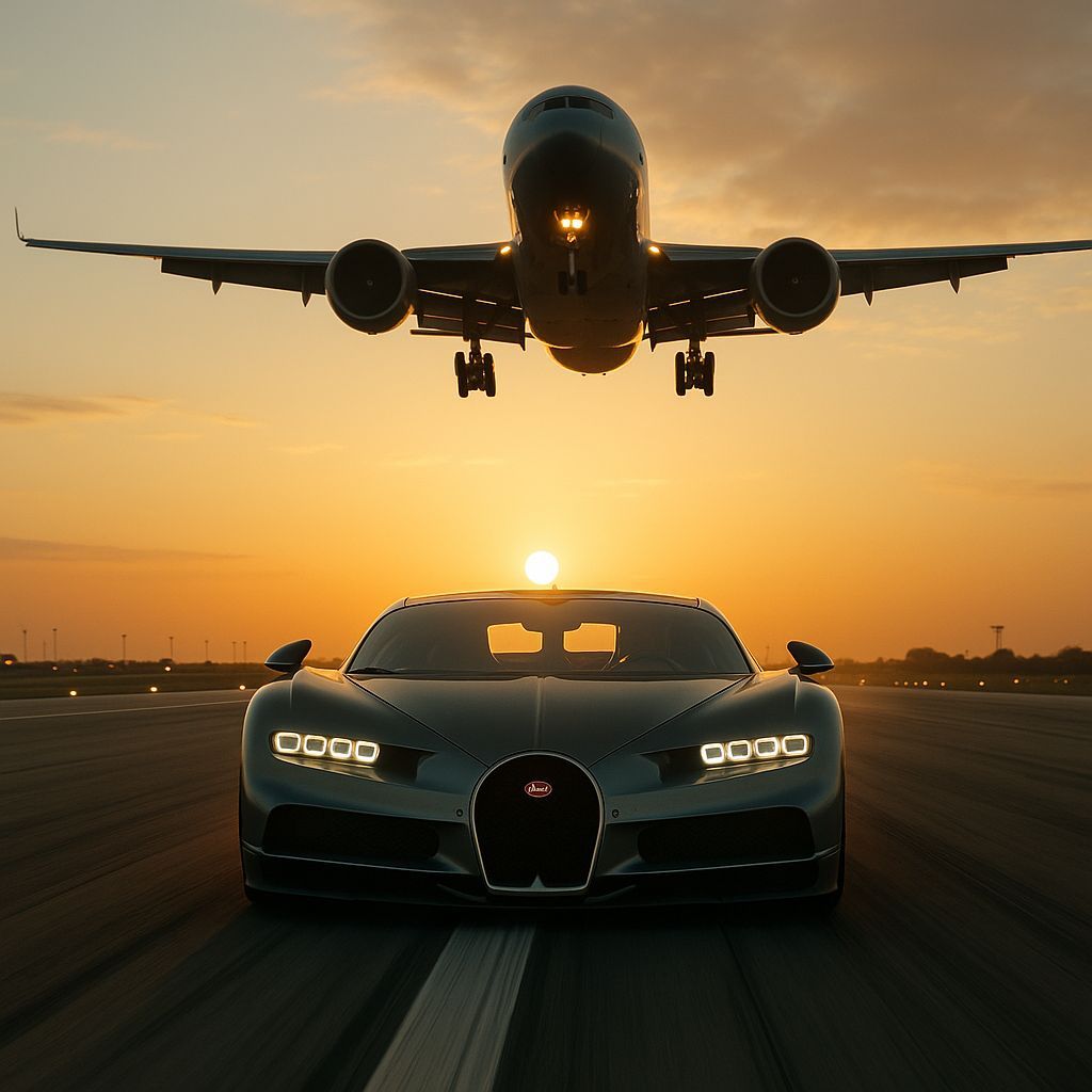 Bugatti Races Airplane on Runway at Golden Hour