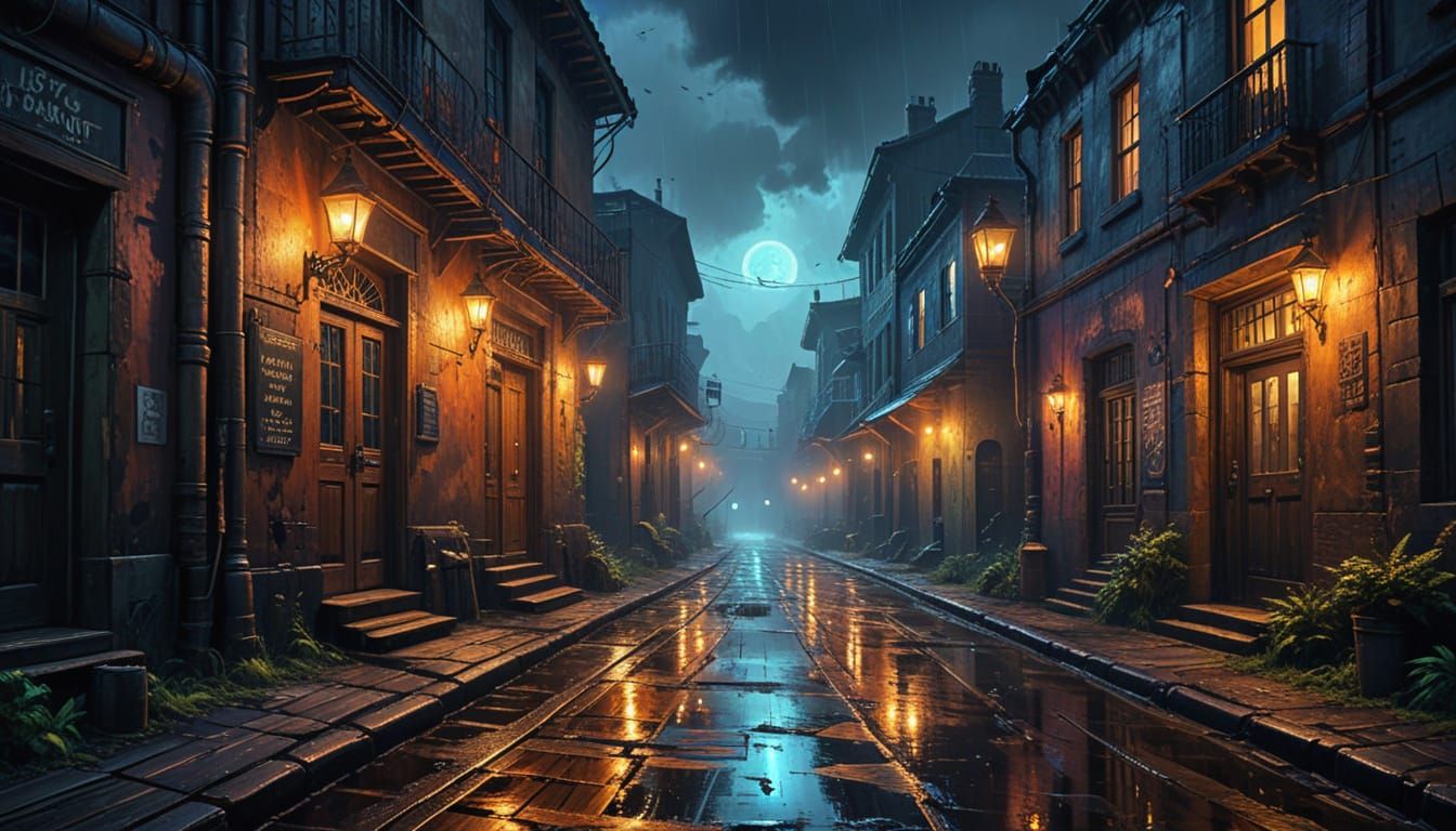 Dieselpunk Pathway Oil Painting with Petrol Lights