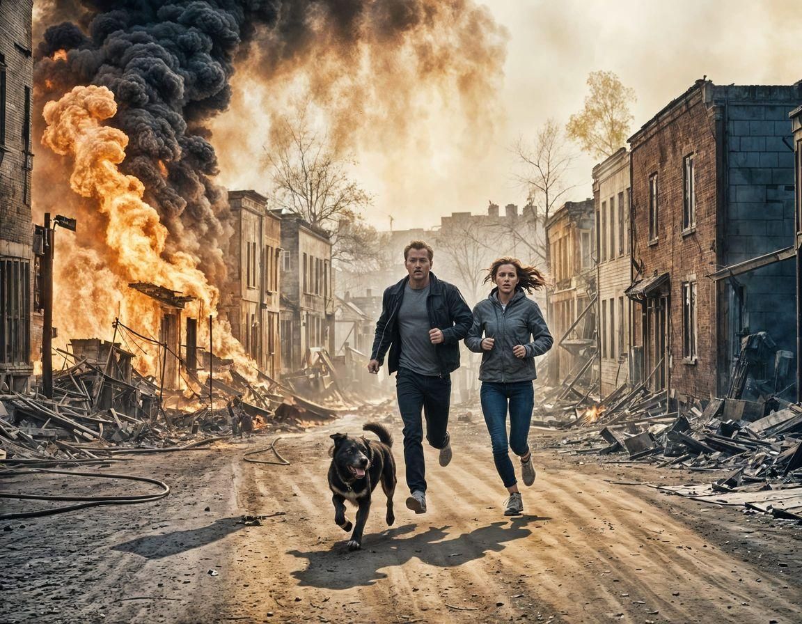 Dramatic Escape: Family Running from Burning City