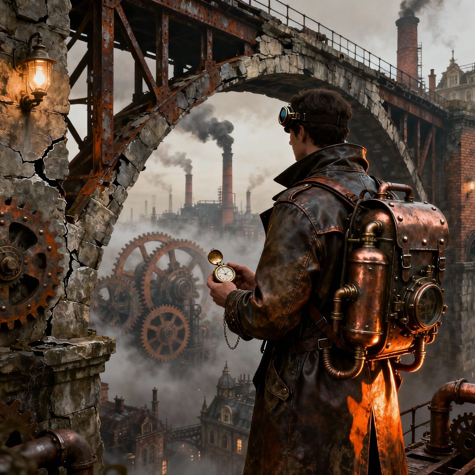 Steampunk Explorer Overlooks Foggy Cityscape