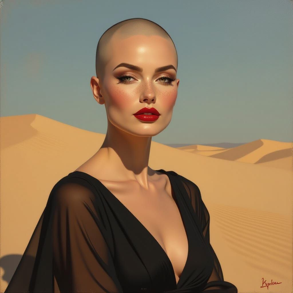 Bald Irish Woman in Chiffon Dress with Chiaroscuro Lighting