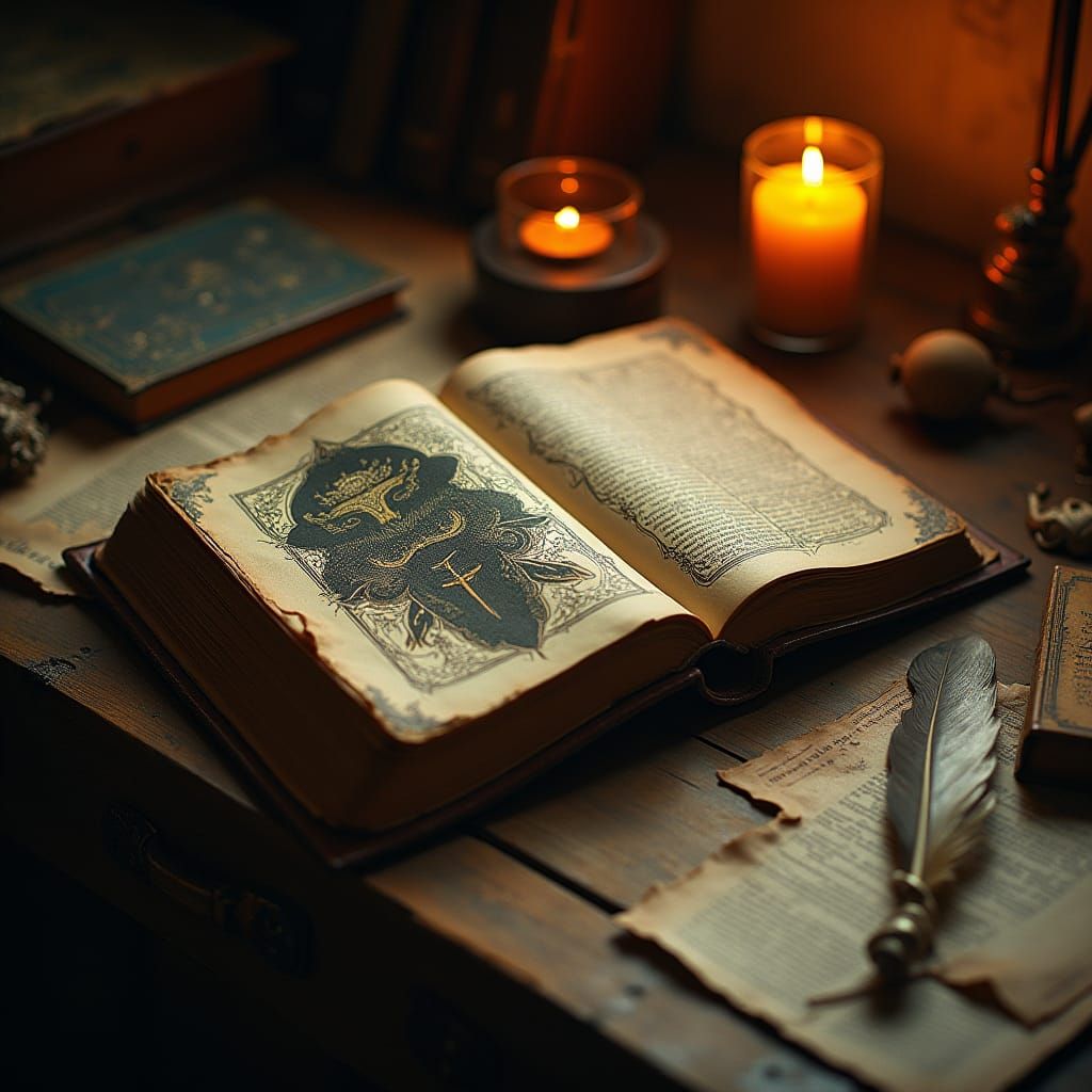 Mystical Book with Candlelight in Surreal Style