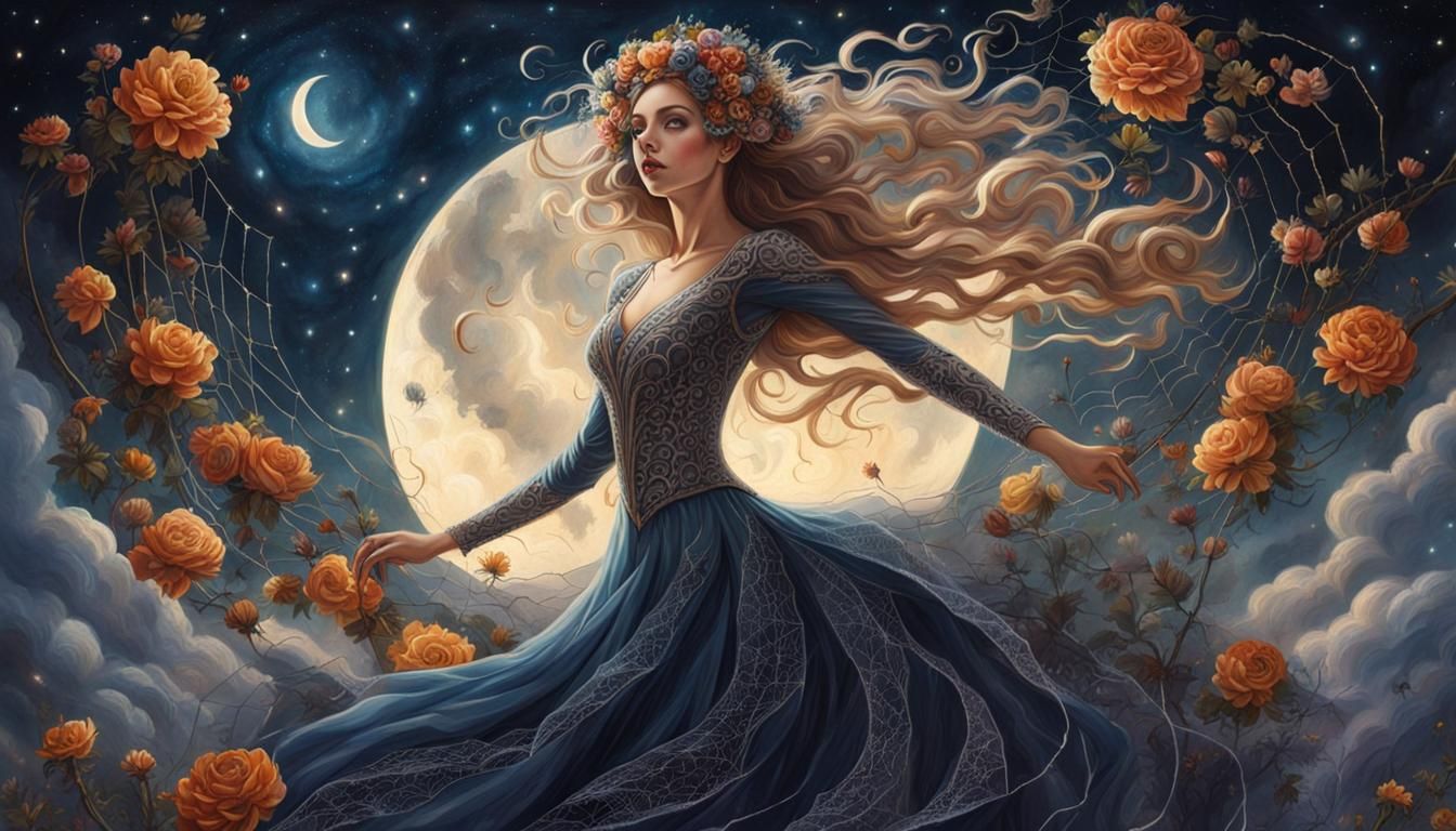 Dancing Spiderweb Girl on Moonlit Hill as Oil Painting